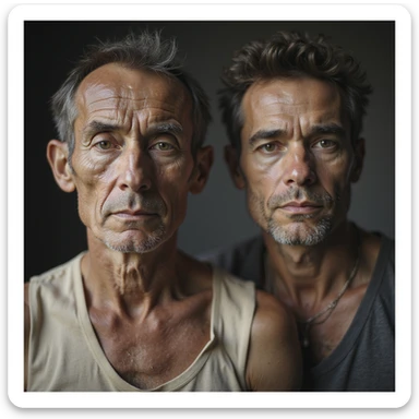 Uomo che confronta una vecchia foto di sé stesso più muscoloso con il suo aspetto attuale, espressione nostalgica, testo in italiano: “Prima e dopo: meno muscoli, metabolismo più lento”. Stile iperrealistico. sticker