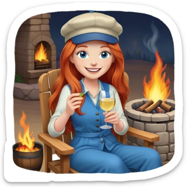 Laughing redhead with long hair and blue eyes wearing cap holding white wine sitting in chair beside fire pit sticker