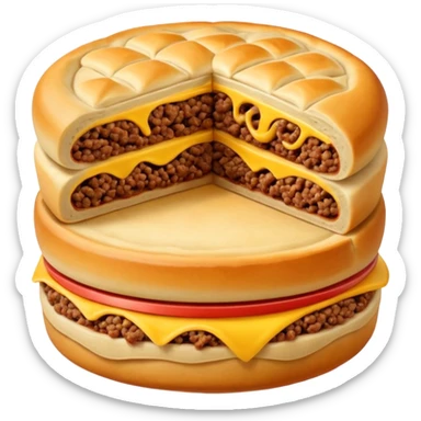meat esfirra cut in half showing ground beef filling with golden dough, emoji style sticker