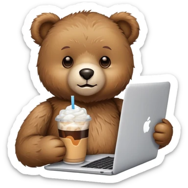 A teddy bear holding an iced Americano and using a laptop. sticker