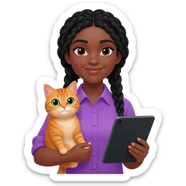 Émoji représentant une femme peau marron avec des longues nattes noires, une belle chemise violette, tenant un chat orange dans une main et une tablette dans l'autre sticker