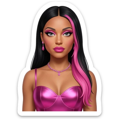 Nicki Minaj with grey eyes, long black and pink hair, pink eyeshadow, hot pink lipstick, hot pink metallic sweetheart dress, pink necklace and earrings sticker
