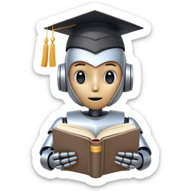 non-anthropomorphic robot reading a big book with graduation head sticker