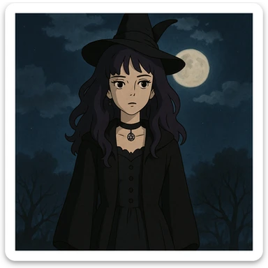 gothic woman with purple hair, witchy touch, standing in moonlight, ghibli style sticker