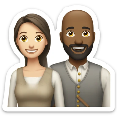 White barn with white, brunette couple out front smiling. Man has a beard sticker