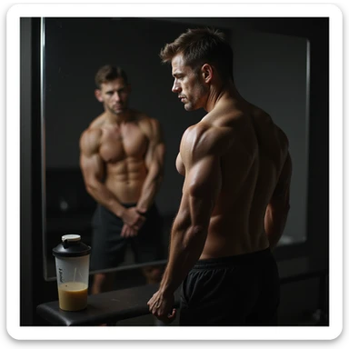 realistic bodybuilder man in cutting phase, standing in front of mirror, smaller and deflated muscles, visible but less full veins, frustrated look, gym background with dim light, protein shaker on bench sticker