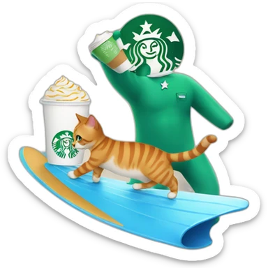 cat surfing with starbucks in hand sticker