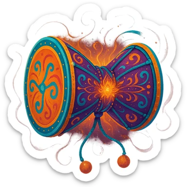 stylized damru with vibrant colors and spiritual aura, no text sticker