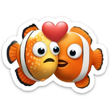 Cute Pufferfish and clownfish are kissing with little red hearts above their head  sticker
