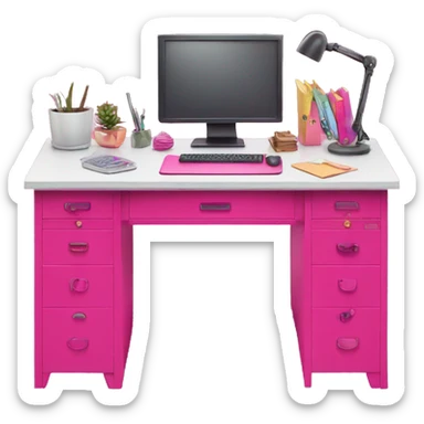 Hot pink desk with decorations and computer  sticker