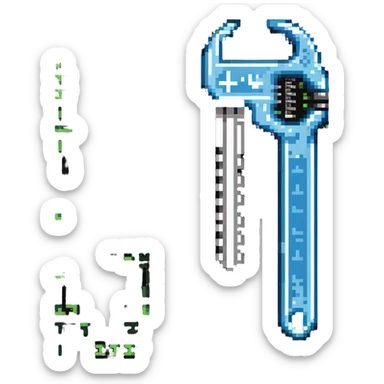 A pixelated wrench tool with digital code elements, made of binary digits sticker