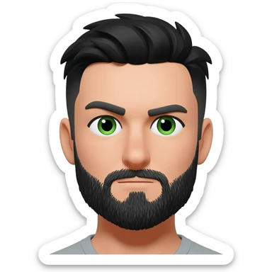 White man with short black hair and black beard with left eyebrow raised with green eyes sticker