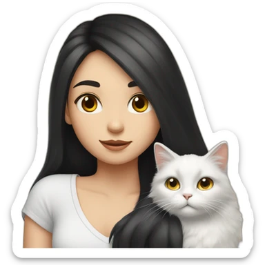 A girl with long dark hair and a white fluffy cat is lying on her left shoulder and neck sticker