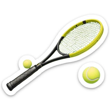 A tennis racket and ball on a grass or hardcourt surface, symbolizing the sport. The racket has a sleek design with tightly strung strings, while the bright tennis ball rests nearby, capturing the essence of precision, agility, and competition. sticker