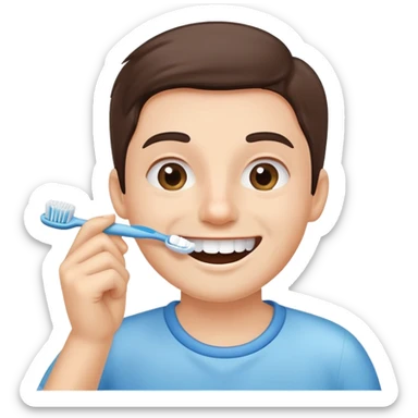 person brushing their teeth, smiling, holding a toothbrush, simple and expressive sticker