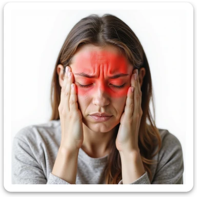 woman with closed eyes and furrowed eyebrows, head area highlighted in red, migraine pain, realistic style, white background sticker