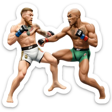 An MMA showdown between Conor McGregor and Anderson Silva in the octagon. McGregor is executing a powerful jumping strike, while Silva is expertly blocking the attack with his forearm. The background features the UFC octagon, fans in the distance, and dynamic action. Transparent background sticker