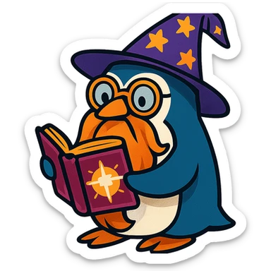 a cartoon penguin wizard with a long beard, round glasses, and a mystical book, looking wise and magical sticker