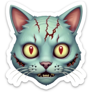 zombie cat portrait, head and shoulders only, pale fur, cracked skin patches, eerie glowing eyes, mischievous undead vibe, 3D cartoon, mobile game icon style, clean background, no text, no watermark
 sticker