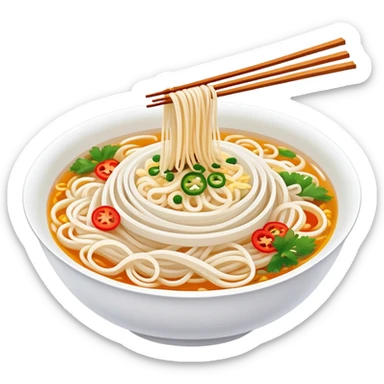 Guilin rice noodles with thin white strands and toppings, simplified emoji style with bold outlines and bright colors, cartoon style Guangxi famous Mi Fen sticker