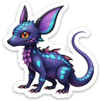 Rare epic aesthetic iridescent spooky gloomy colorful Salandit-Noibat-Eevee-Genet-species-Fakemon-hybrid-creature, with markings, full body sticker