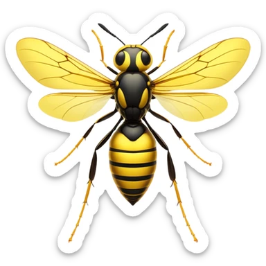Cinematic Noble Wasp Portrait Emoji, Poised and formidable, with a sleek, slender body in bold yellow and black hues, angular, translucent wings and sharp, focused eyes exuding determined intensity, Simplified yet strikingly defined features, highly detailed, glowing with a cool, assertive radiance, high shine, intelligent and vigilant, stylized with an air of natural precision, focused and alert, soft glowing outline, capturing the essence of a watchful wasp that appears ready to buzz out of the screen with commanding presence! sticker