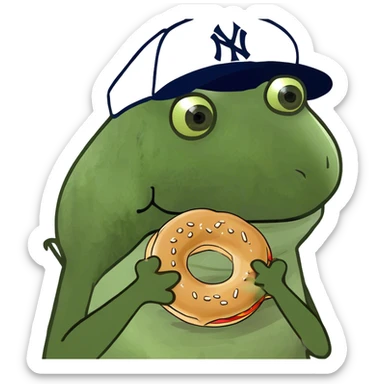 wearing a yankees hat, holding a bagel sticker