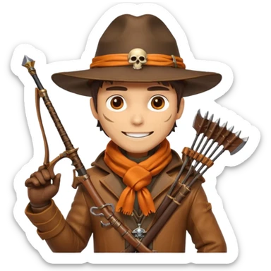 male human monster hunter emoji, wearing brown leather coat and wide hat, holding crossbow or rifle, with amulet shaped like skull, Halloween fantasy theme, confident smile, orange scarf, Apple emoji style, clean white background, square image sticker
