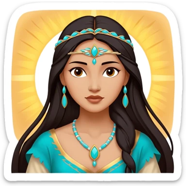 Cinematic Majestic Pocahontas Portrait Emoji, rendered in a clean, vector-style with bold shapes. Show Pocahontas with a serene, noble expression, radiant sun-kissed skin, and elegantly flowing dark hair, dressed in traditional garments with subtle turquoise accents. The design radiates a majestic, natural glow, high shine, and a soft glowing outline, capturing her regal beauty. sticker