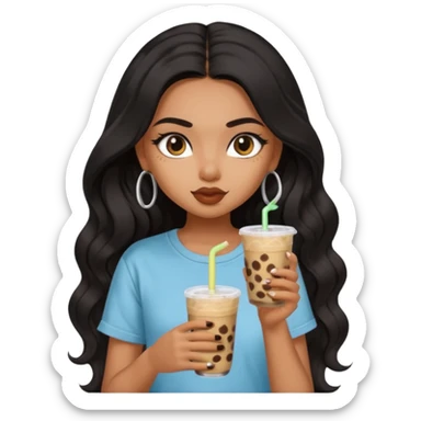 a pretty FAIR indian bratz girl with wavy long black hair, wearing an oversized brown tshirt, drinking boba, eyeliner on sticker