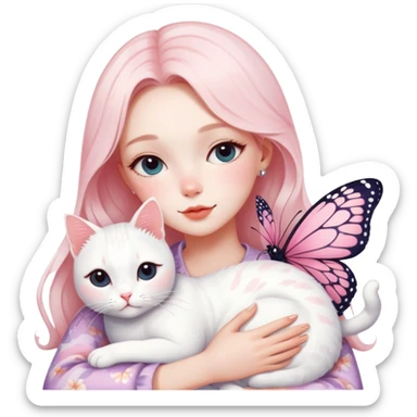 Gorgeous pastel lady with blushing butterfly pattern hugging a white cat, aesthetic trendy style sticker