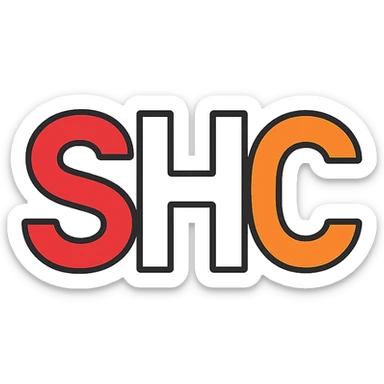 minimal geometric style letters SHC with S in red, H in white, C in orange sticker