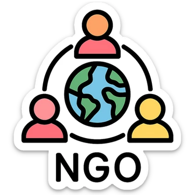 NGO icon, globe with people around it, inclusive and welcoming sticker