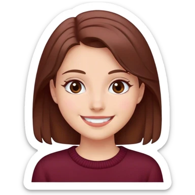 A girl with brown hair smiles, gray eyes, wearing a burgundy sweater sticker