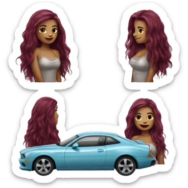 Beautiful tattooed burgundy long haired woman washing a car sticker