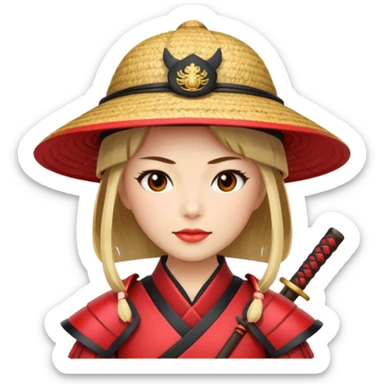 Samurai with straw hat, Warrior in red samurai armor, female, sticker
