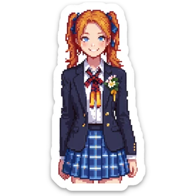 cheerful high school girl with orange side ponytail and yellow ribbon, blue eyes, navy blazer, red ribbon, blue plaid skirt, standing in a school courtyard with cherry blossoms, spring breeze, energetic smile sticker