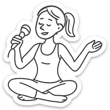 woman doing yoga with a microphone hand drawn outlined icon sticker