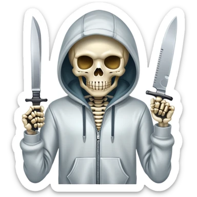 Skeleton in a hoodie with a knife sticker