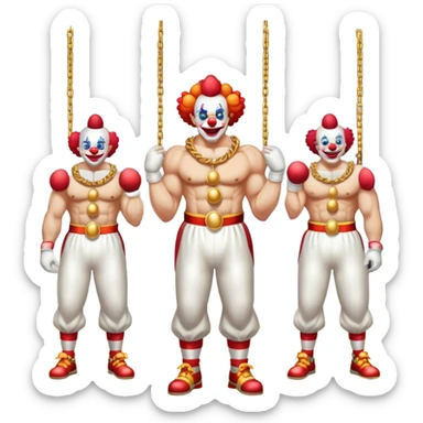 clowns with golden chain on the neck training in gym. full height  sticker