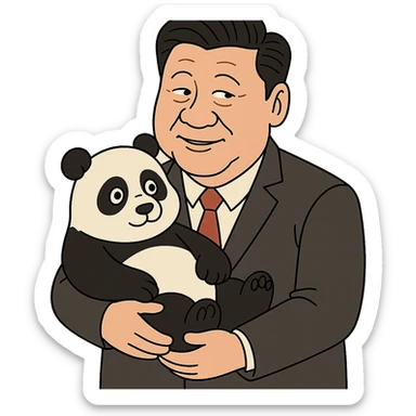 Xi Jinping, cartoonish, holding a panda, flat toon style sticker