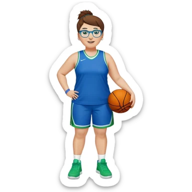 Full Body plus size white female basketball player with short medium brown hair with short spike hair wearing blue glasses 
With a small wide nose wearing blue green uniform  green sneakers smiling wearing silver hoop earrings sticker