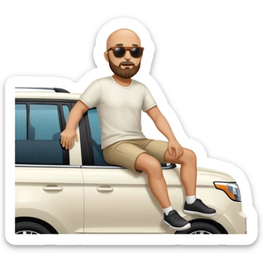 bald man with beard sitting on top of a white Kia Mohave SUV sticker