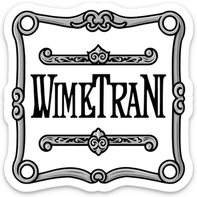 connected BLK letters in western saloon font style with silver outline, old west typography, black text with ornate silver frame sticker