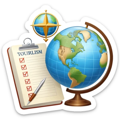 An icon featuring a hotel building, and a globe, symbolizing the scientific study of tourism and hospitality. The design includes a map, a compass, and a checklist, representing travel planning and service management. Transparent background highlights the academic exploration of the tourism industry sticker