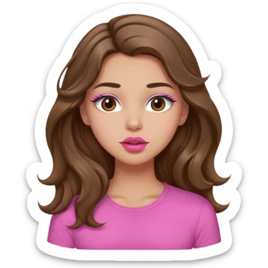 girl with long wavy brown hair, brown eyes, light to medium complexion, in a pink shirt, pink lips, long lashes, puckering up for a kiss sticker