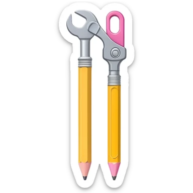 A flat-style illustration of a pencil and a wrench placed side by side, upright and parallel. The pencil is yellow with a pink eraser, and the wrench is metallic gray. Clean, modern cartoon style with simple shapes, white background, iOS emoji aesthetic. sticker
