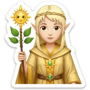 {
      "type": "human",
      "look": "light elf healer, golden robe, staff with leaf and sun",
      "description": "a light elf healer wearing a golden robe and holding a staff with leaf and sun symbols"
    } sticker