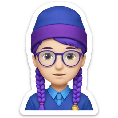 blue uniform wearing scout kid with purple braids and glassess with blue hat sticker