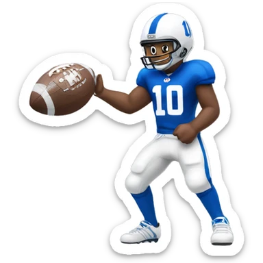 american football fan wearing blue jersey with white number 10 holding a number 1 foam finge sticker